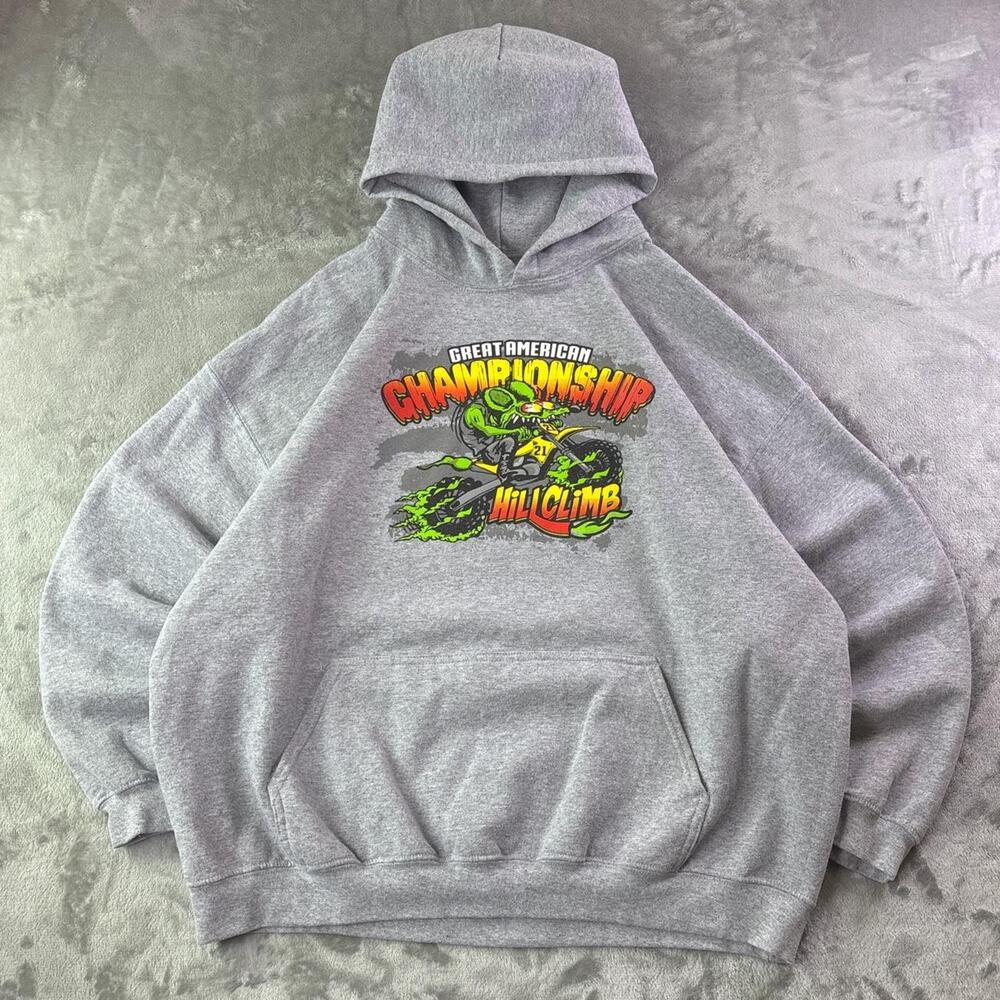 2021 Great American Championship Hillclimb Rat Fink Motorcycle Hoodie Gray 2xL
